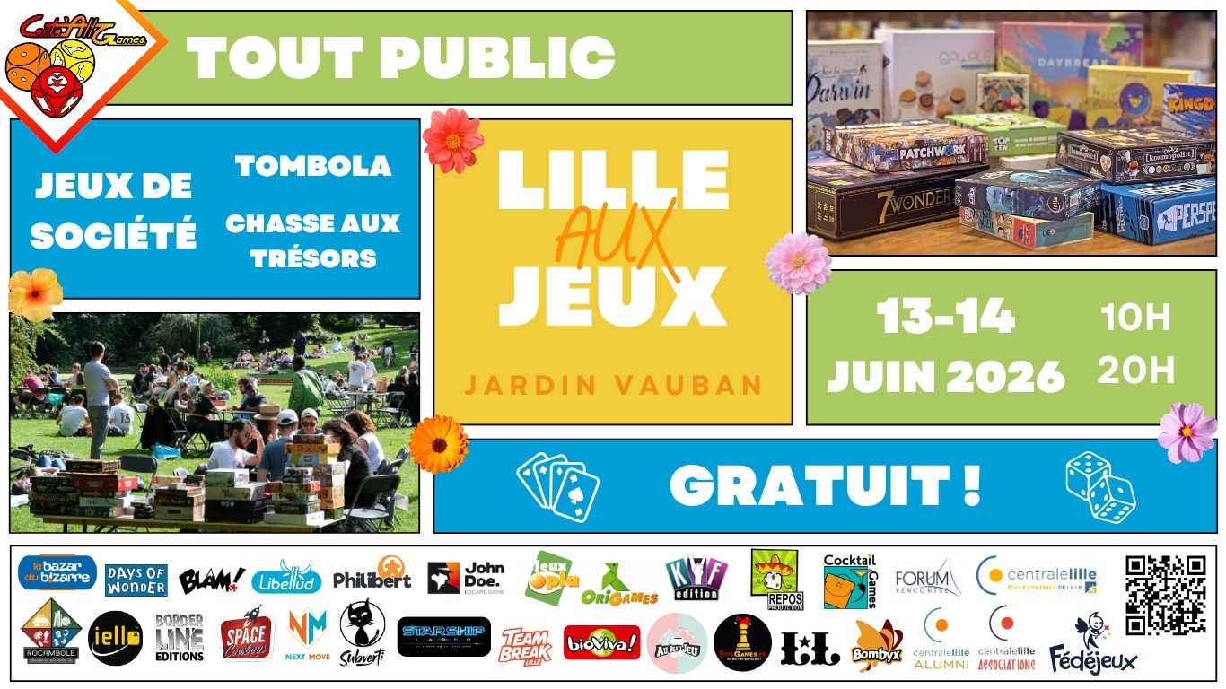 Bannière de Lille Aux Jeux 2026 qui aura lieu les 13 et 14 juin 2026 au Jardin Vauban de 10h à 20h. C'est un événement gratuit et tout public autour du jeu de société.